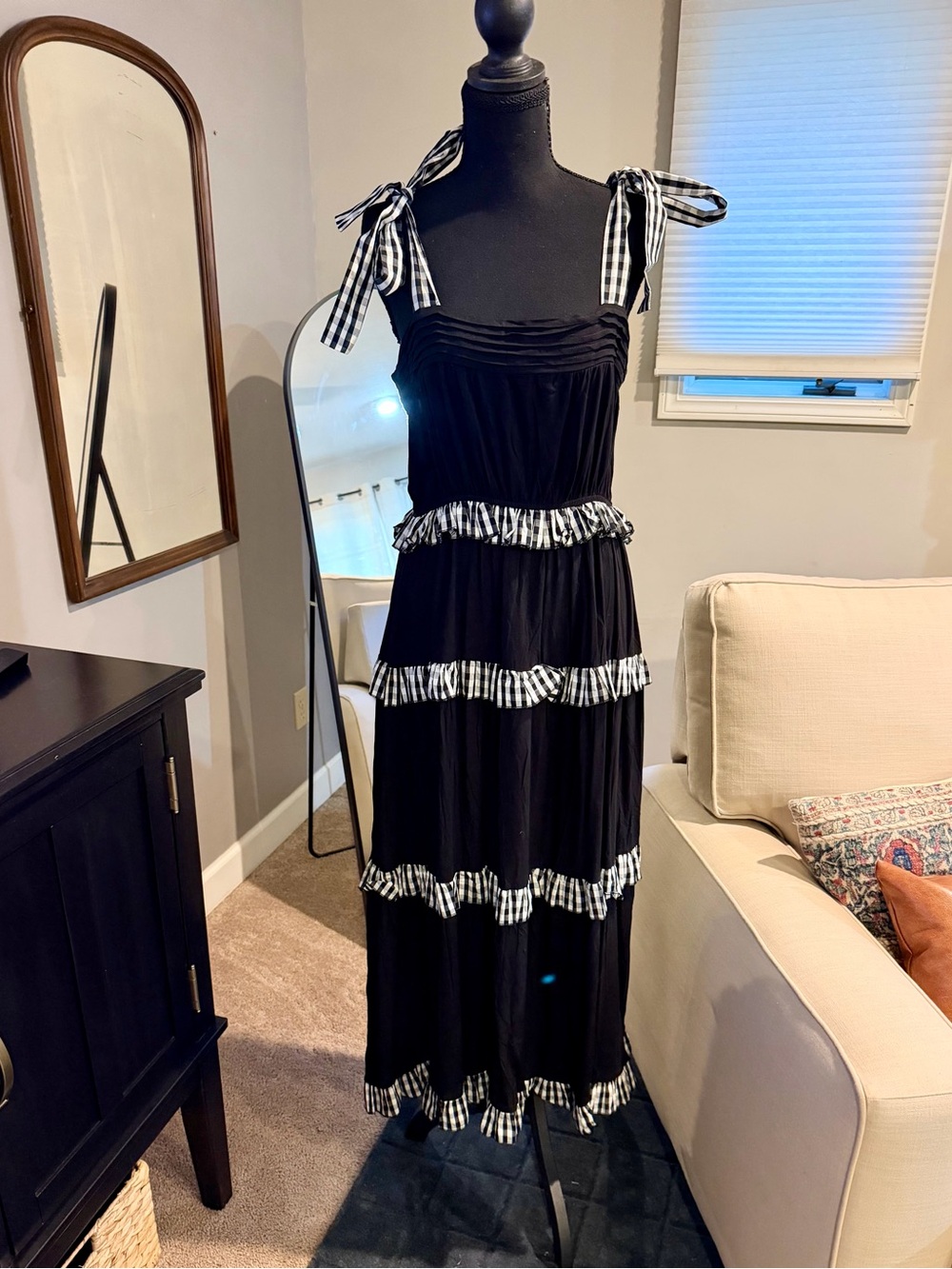 Petal & Pup Black Maxi Dress with Black-and-White Gingham Trim